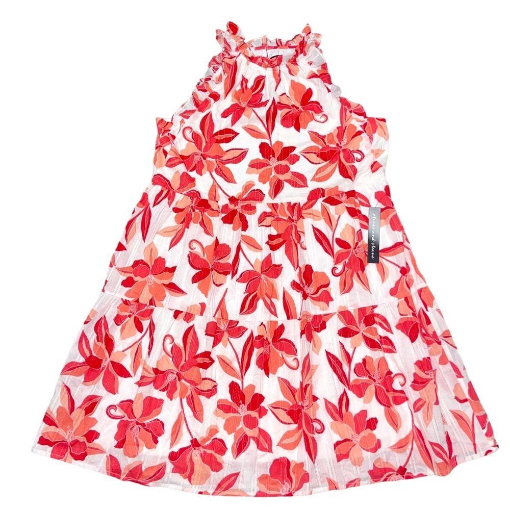 NWT Clover And Sloane Deep Coral & White Floral Tiered Cotton Dress Size Large - Picture 2 of 10